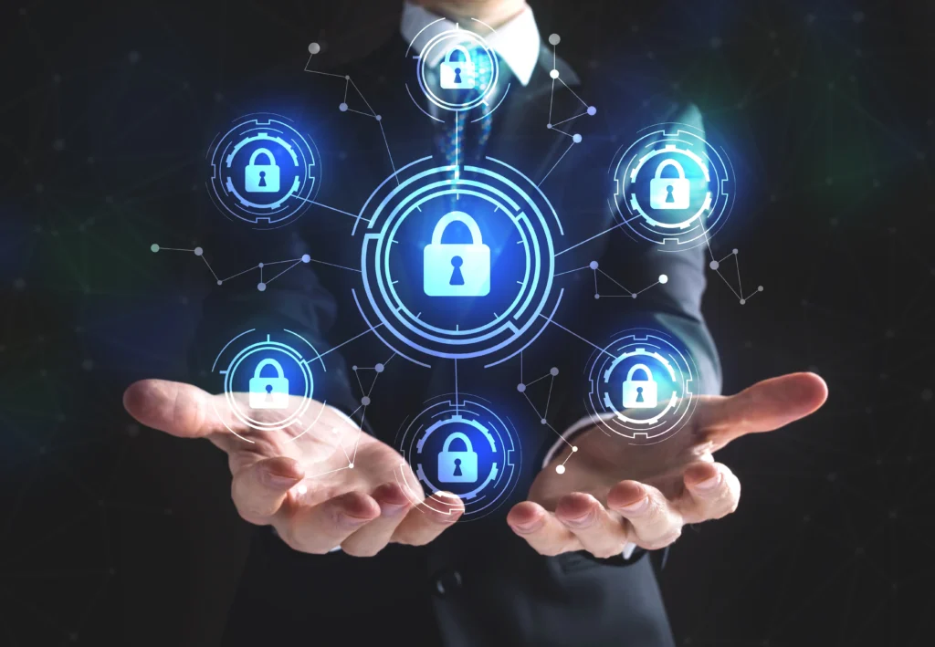 image of open hands and circle of hologram lock icons to demonstrate the safety aspects of Microsoft Purview.
