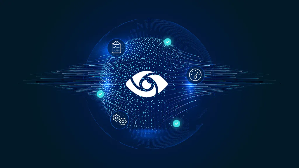 Illustration with world shaped hologram and data icons floating in circle to depict Microsoft Purview as a comprehensive solution.