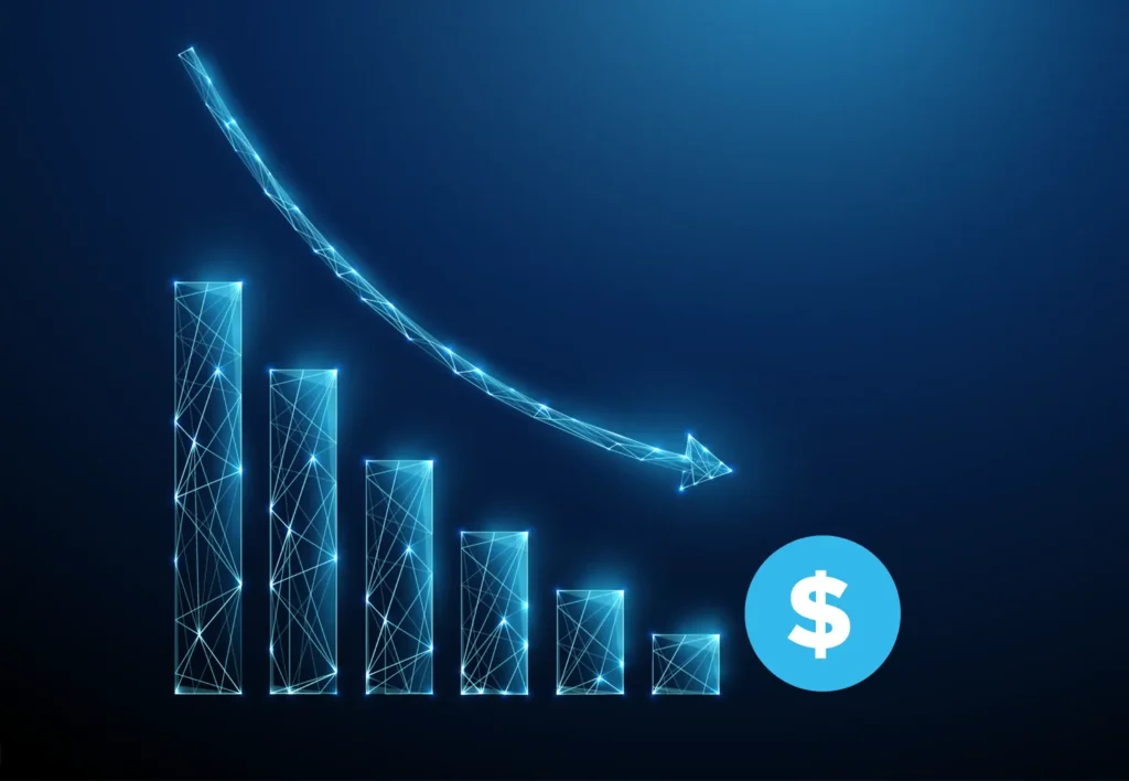 Hologram graph pointing down to signify reducing costs.