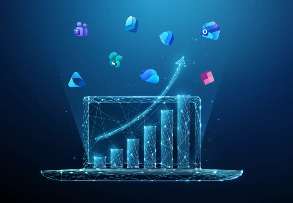 A glowing laptop showing M365 product logos and a graph representing Microsoft 365 pricing changes