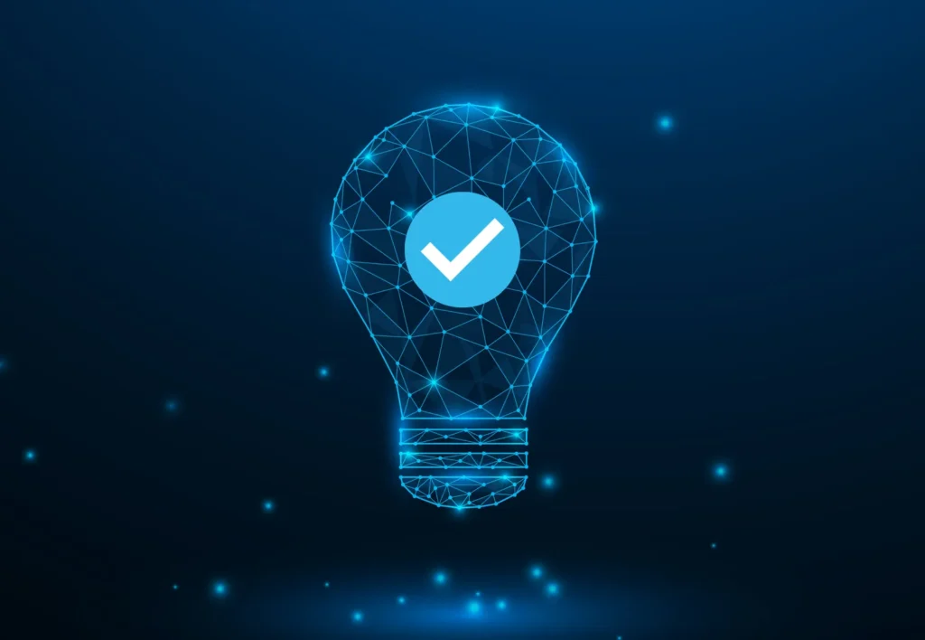 Hologram lightbulb with tick to signify Microsoft 365 optimisations.